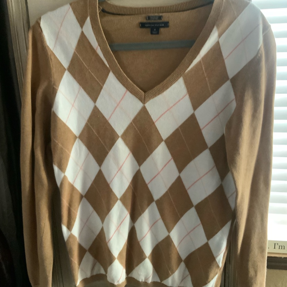 Tommy Hilfiger Brown and White V-Neck Sweater